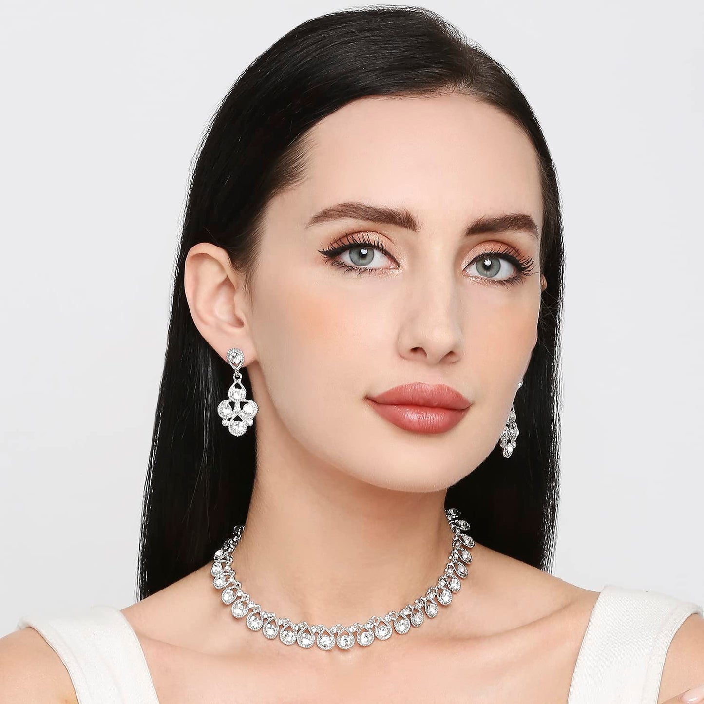 Atasi International White Diamond/Stones Silver Plated Alloy Necklace Set with Earrings for Women | Stylish Jewellery for Party, Wedding and Festive Occasions | Fashion Accessories