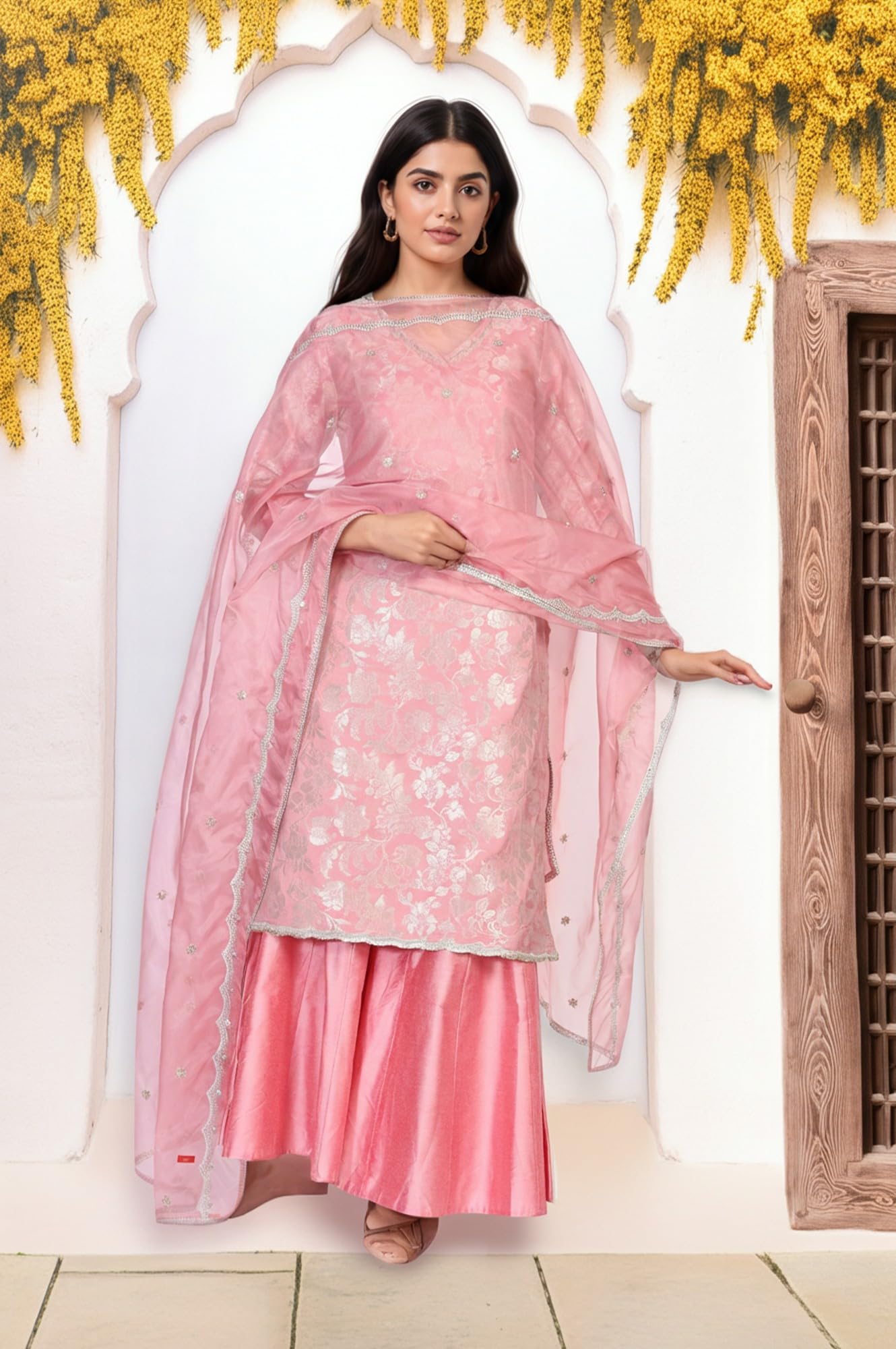 W for Woman Pink Self Design Jacquard Zari Work Straight Kurta with Sharara and Dupatta Set (WS13228-314309-2XL)