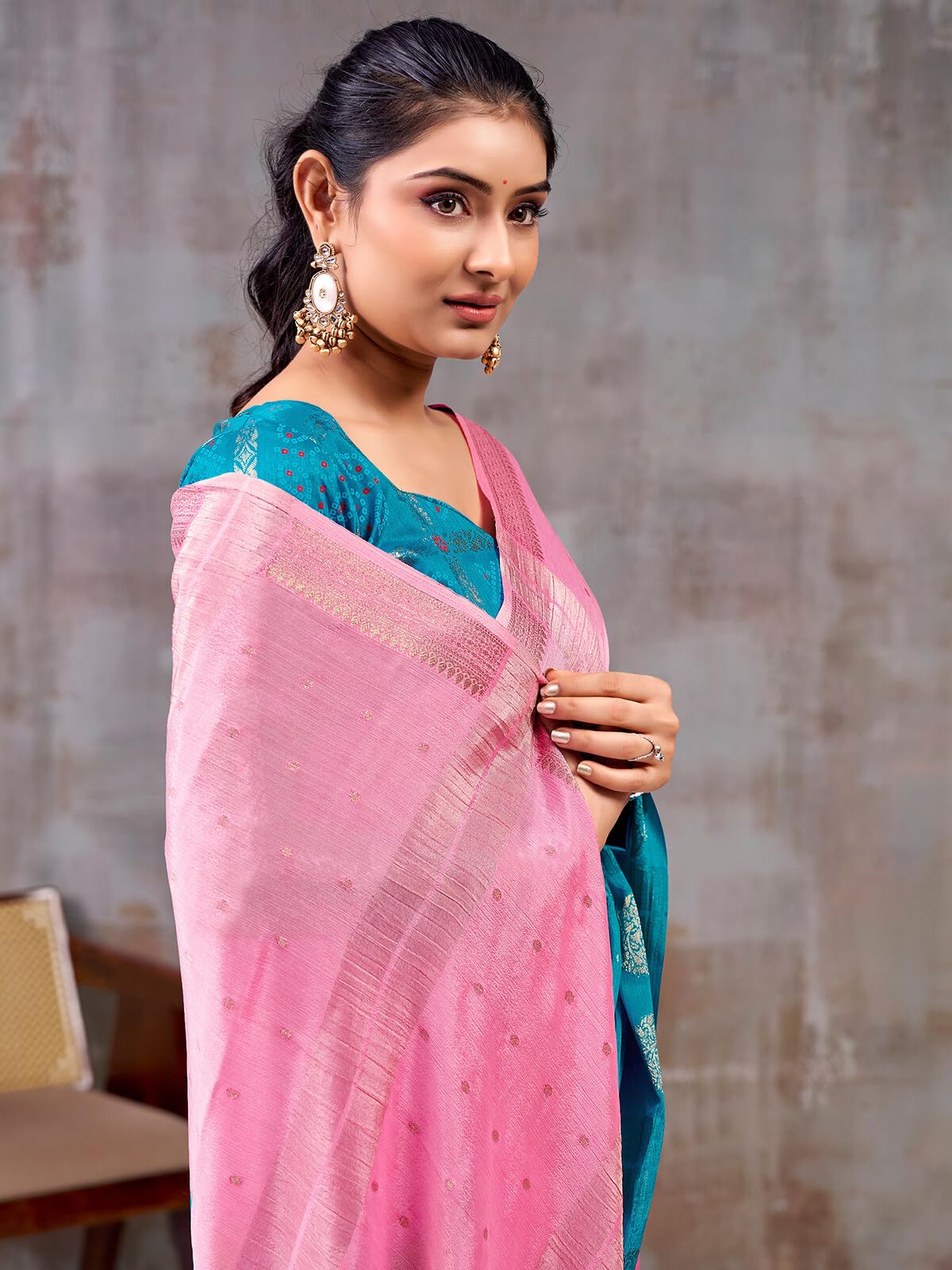 SIRIL Women's Chinnon Chiffon Tassels Jacquard Saree with Unstitched Blouse Piece (5302S1287_Light Pink)