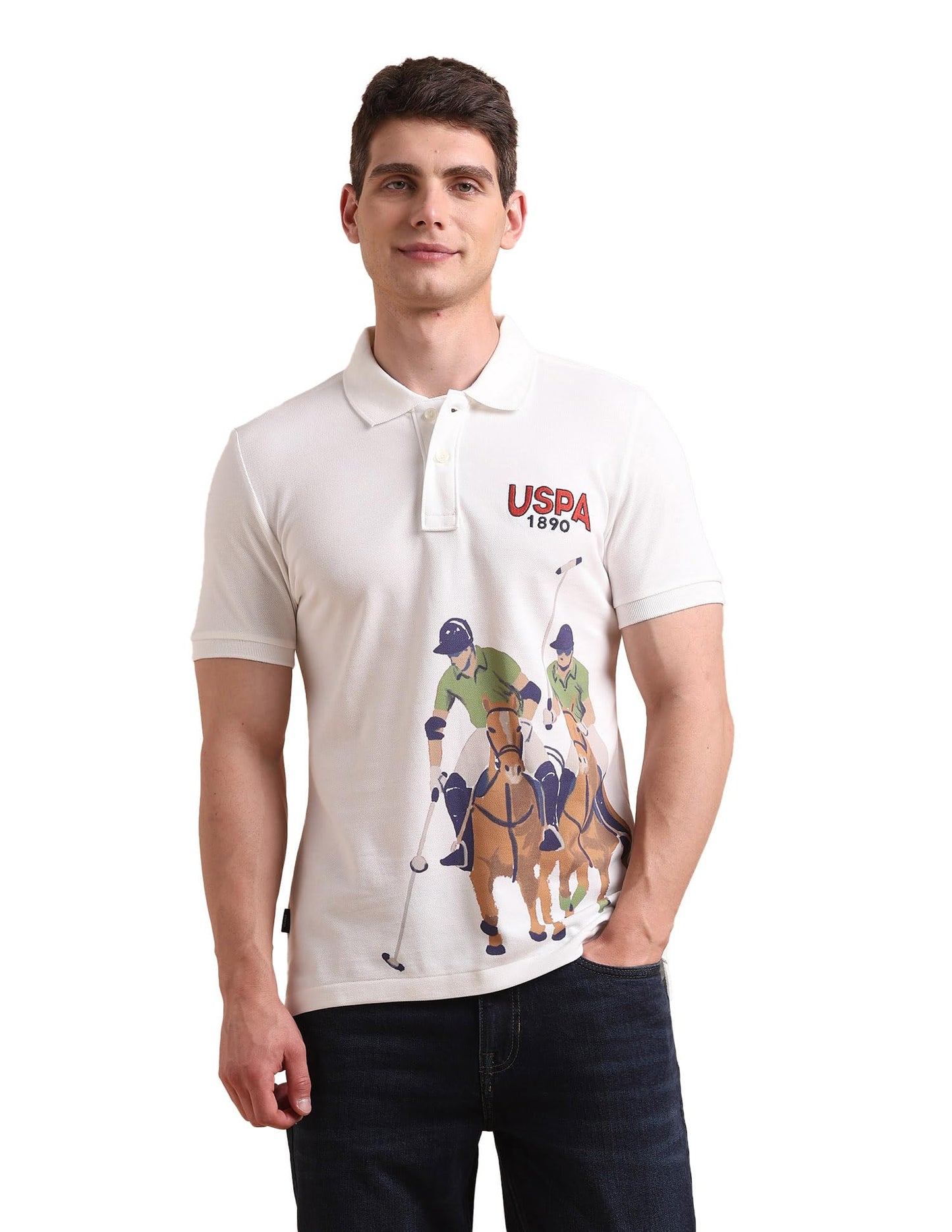 U.S. Polo Assn. Denim Co. Men's Brand Printed Pure Cotton Polo Shirt Ivory