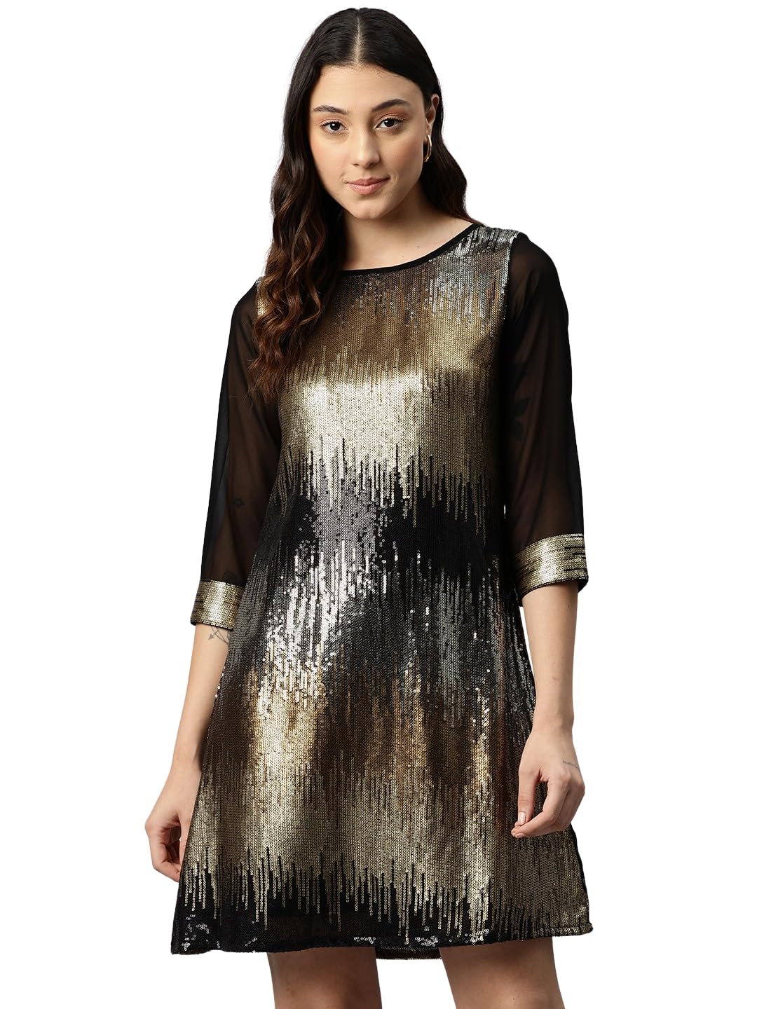 Cottinfab Women Black & Gold-Toned A-Line Sequinned Dress