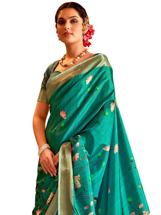 SAREE MALL Women's Teal blue Manipuri Silk Kalamkari Printed Saree With Unstitched Blouse (PICHWIRNG107_GIF)