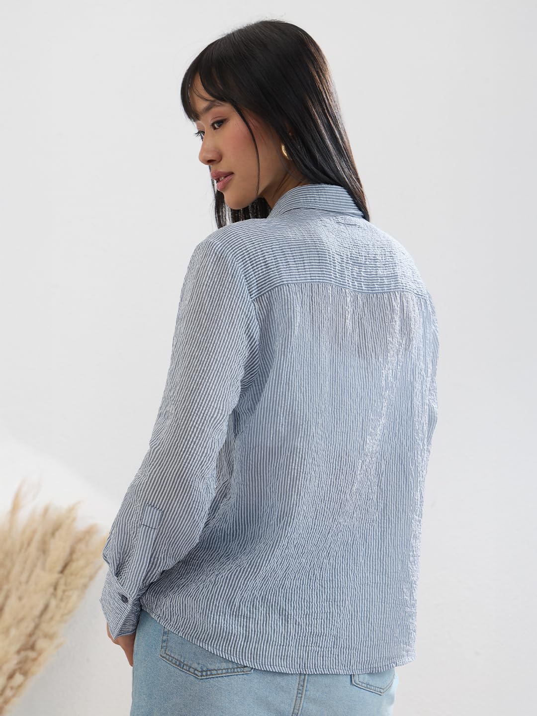 The Souled Store Stripe Shirt: Shadow Women and Girls Full Length Sleeves Collared Light Blue and White Vertical Striped Woven Viscose Relaxed Fit Ruffled Lightweight Everyday Shirt