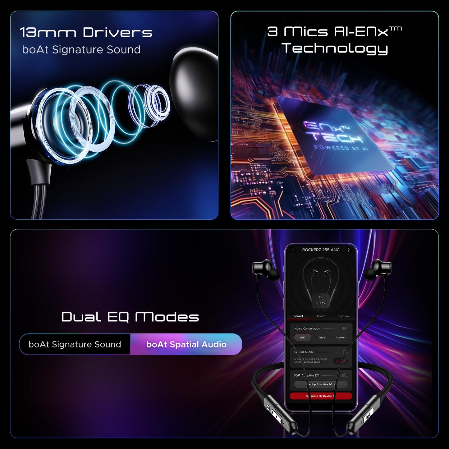 boAt Rockerz 255 ANC, 100Hrs Battery,Spatial Audio, ANC (~32dB), Fast Charge(10Mins=24HRS),3Mics AIENx,13mm Drivers, Bluetooth in Ear Neckband, Wireless with Mic Earphones (Raven Black)