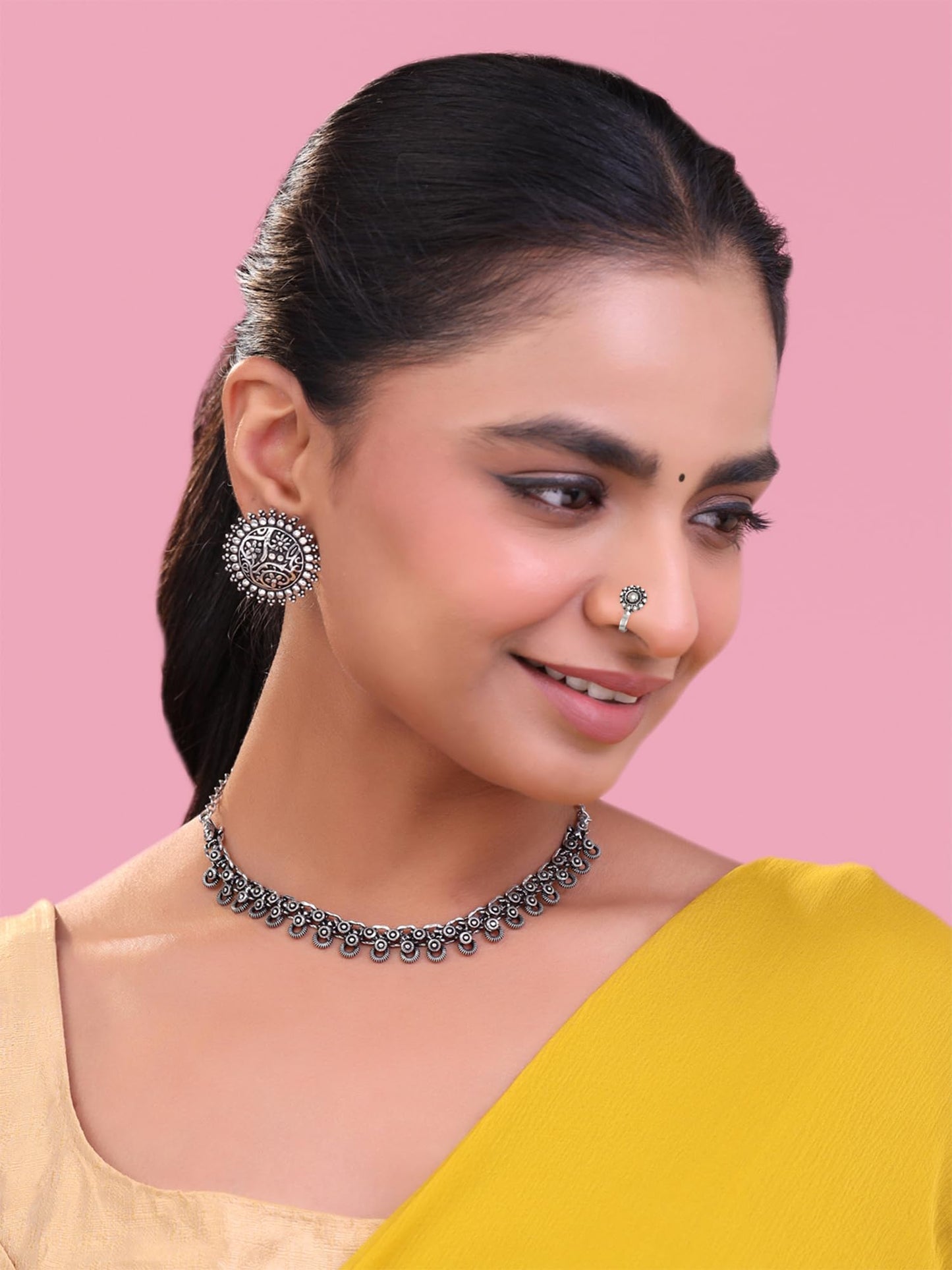 Yellow Chimes Oxidised Necklace Set For Women And Girls German Silver Oxidised Designed Ethnic Jewellery Choker Necklace Set For Women And Girls