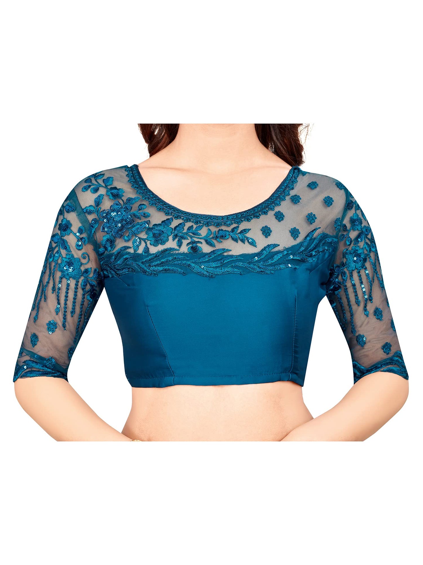 AKHILAM Women's Georgette Embellished Designer Saree With Blouse Piece (Teal blue_SILVER27010_TFH)