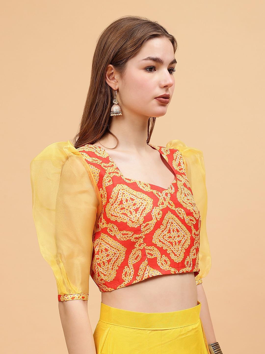 Frolic Rolic Orange & Yellow Bandhej Print Silk Blend 3/4th Organza Sleeves Sweetheart Neck Blouse ((FRBLS-016_Orange, Yellow_M)