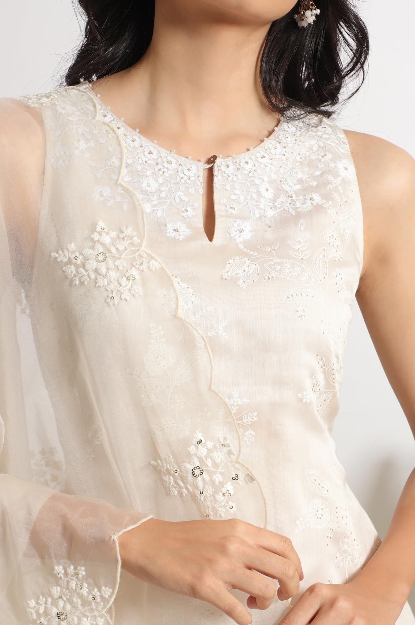 W for Woman White Printed Chanderi Short Kurta, Sharara and Dupatta Set (Size: XL)-WS12349-125210