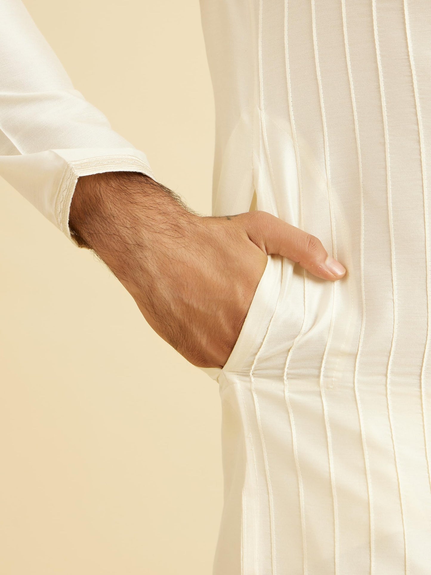 Manyavar Men's Viscose Blend Self Design Kurta Dhoti Set (Warm White,L)