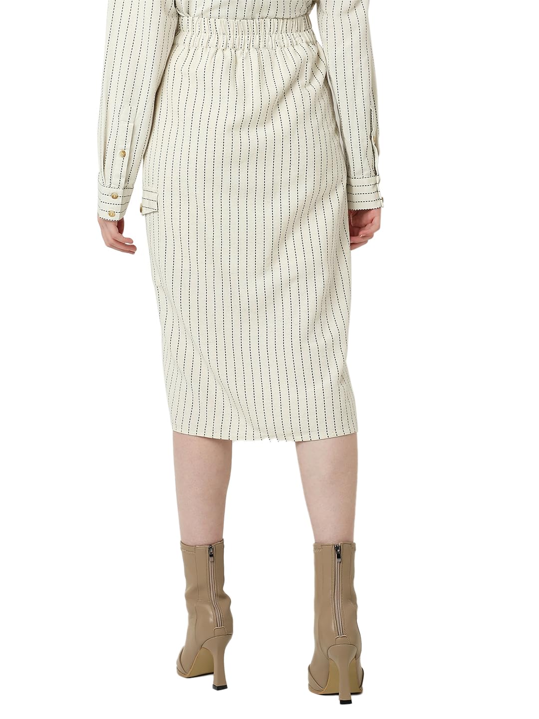 VERO MODA Women Striped Beige Cotton Straight Fit Midi Length High Rise Skirt
