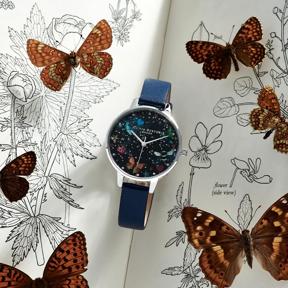 Olivia burton Night Garden Qtz Basic Slim White Mother of Pearl & 3D Print & Stone Round Dial Women's Watch|Navy Leather Material|Navy Color Band - OB16WG86