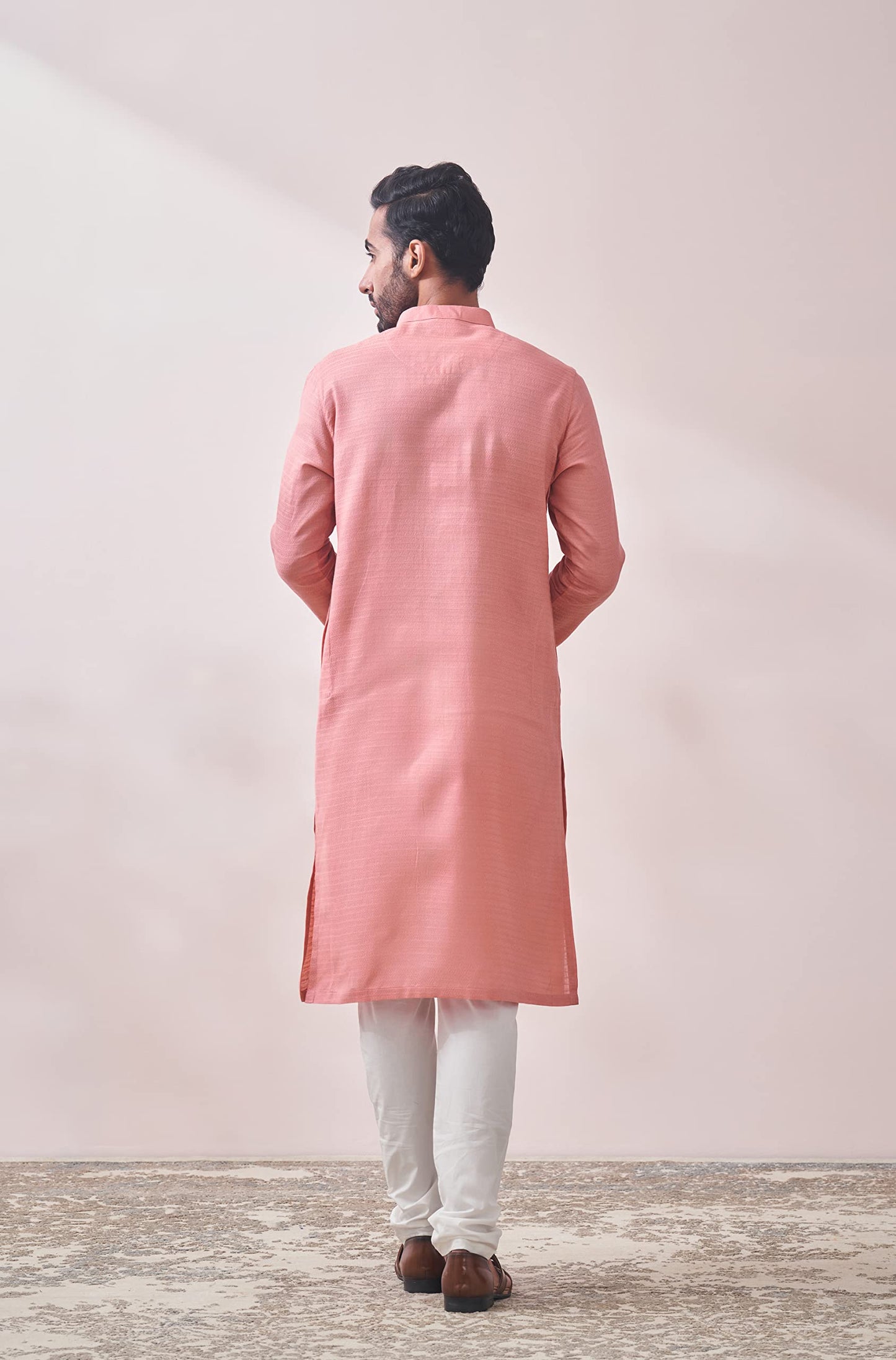 Manyavar Pink Cotton Full Sleeve Kurta Set | Traditional Kurta Set For Men (XL)