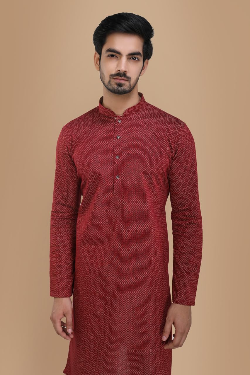 Manyavar Men's Maroon Printed Kurta (L)