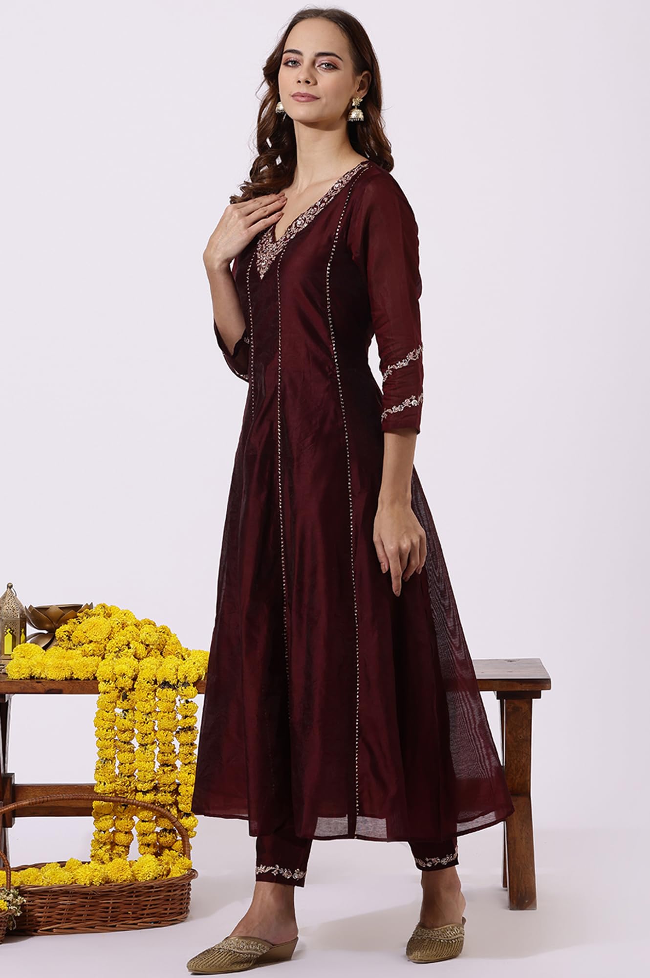 W Maroon A-line Kurta, Straight Pant & Dupatta for Women (Size: 2XL)-24AUWS11183-222470