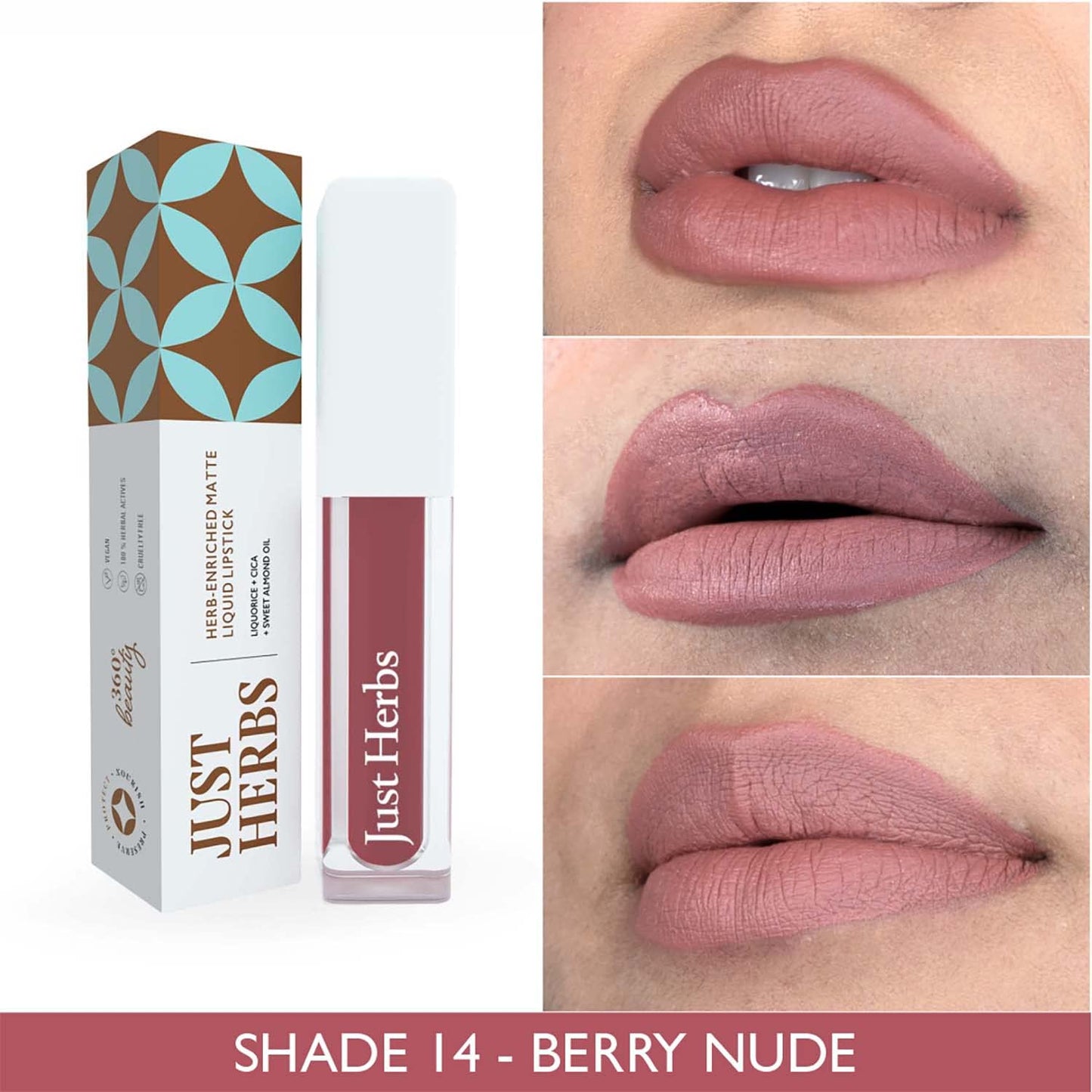Just Herbs Ayurvedic Creamy Matte Long Lasting Liquid Lipstick, Lightweight & Hydrating Lip Colour with Liquorice & Sweet Almond Oil - Berry Nude