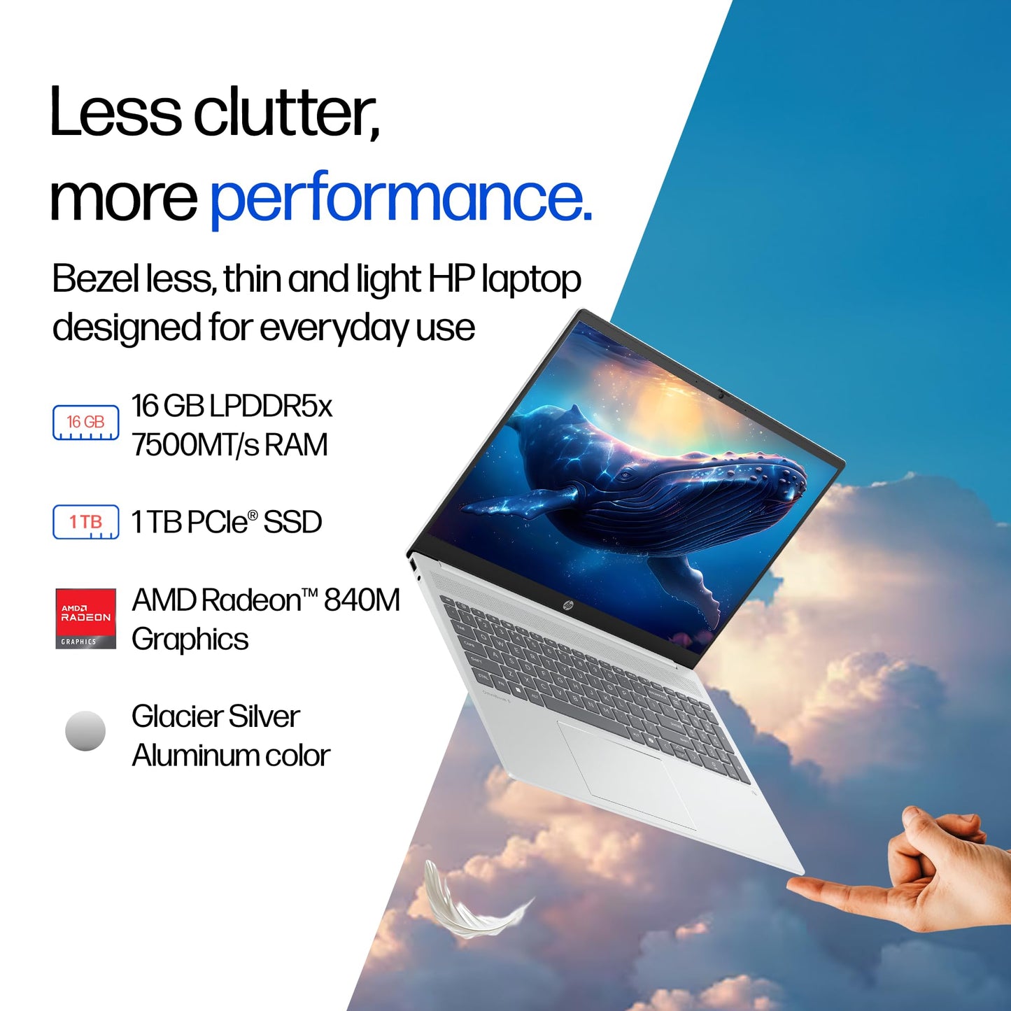 HP Omnibook 5, AMD Ryzen AI 5 340 (16GB LPDDR5x, 1TB SSD), 2k (1920 x 1200), Touch, Anti-Glare, 16''/40.6cm, Win11, M365* Office24, Silver, 1.79kg, ag1045au, FHD Camera, Backlit Laptop
