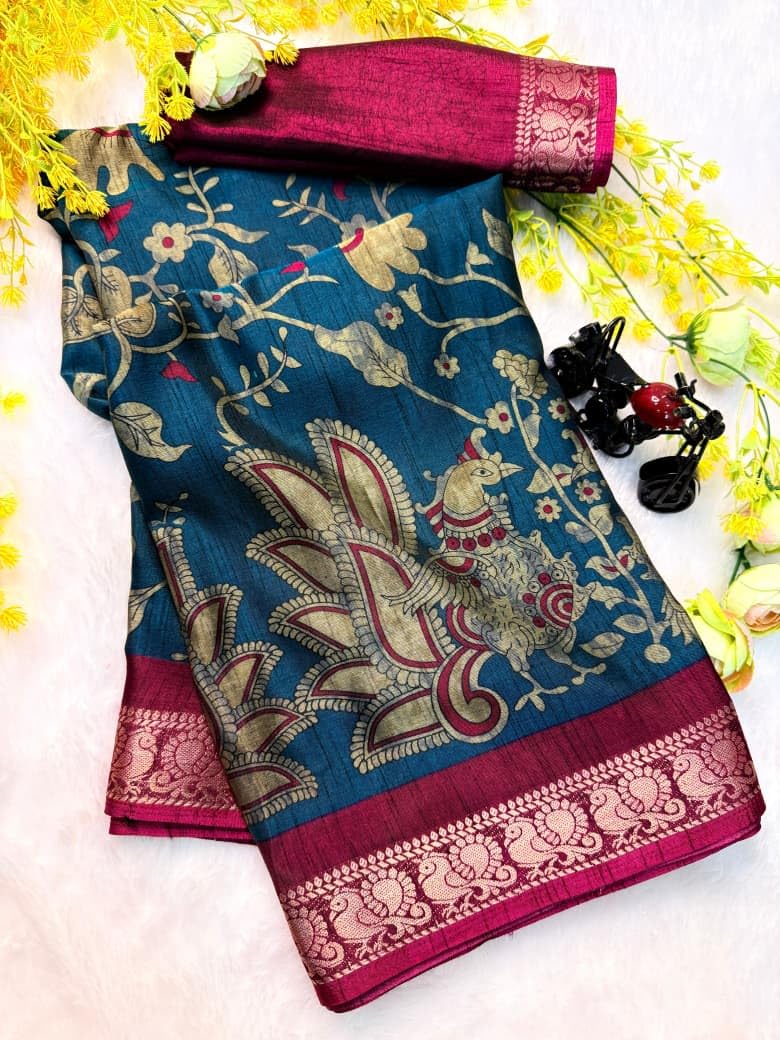 TUSHANA Women's Dola Silk Saree Kalamkari Traditional Print Zari Weaving Contrast Border Designer Pallu Attach Blouse Piece (Blue)