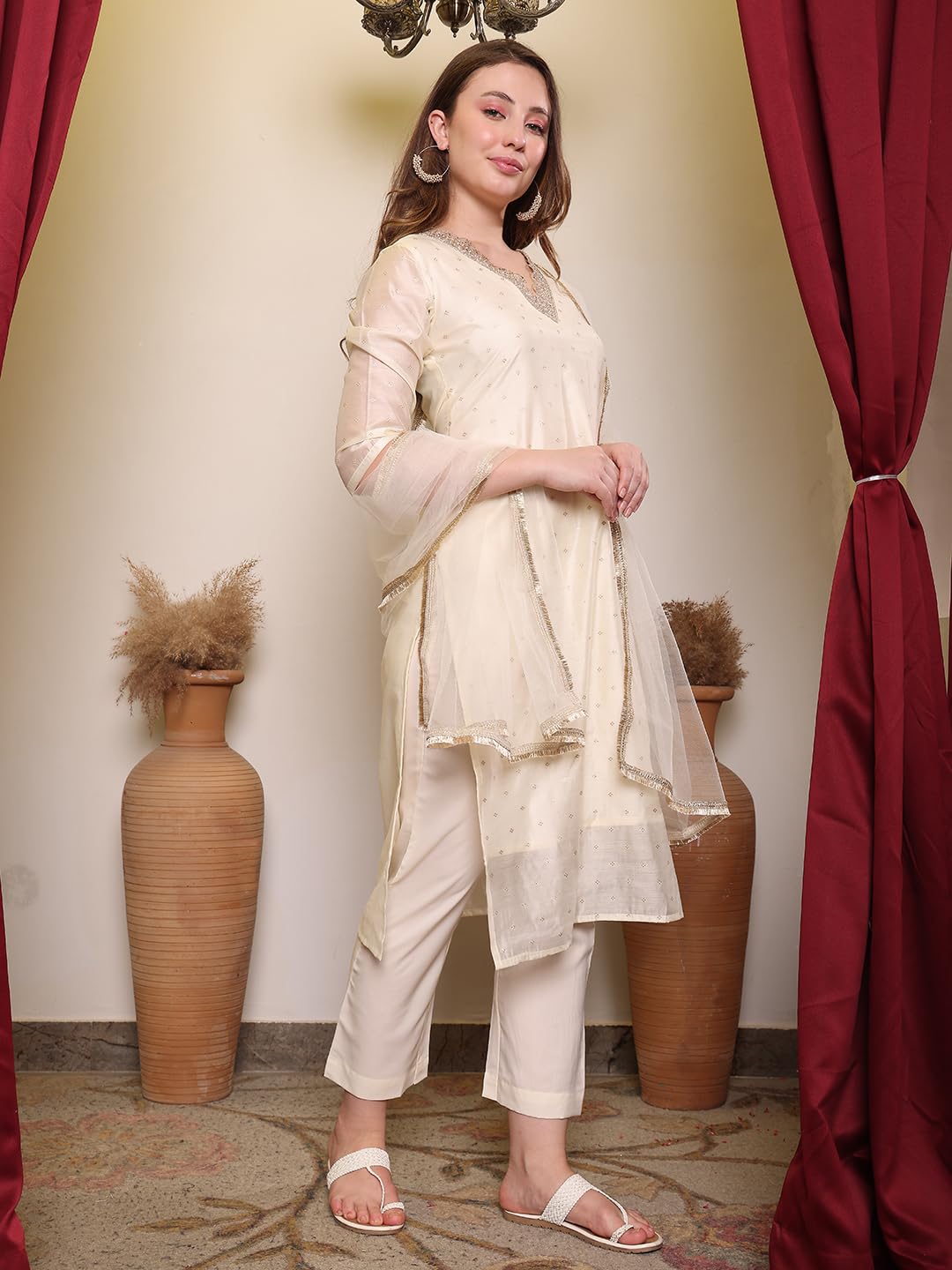 FABIAN FASHION Women’s Off-White Chanderi Straight Kurta Set with Pant & Net Dupatta | Sequinned Embroidered Ethnic Wear Kurta Pant Dupatta Set (ES_7539_OFF WHITE_L)