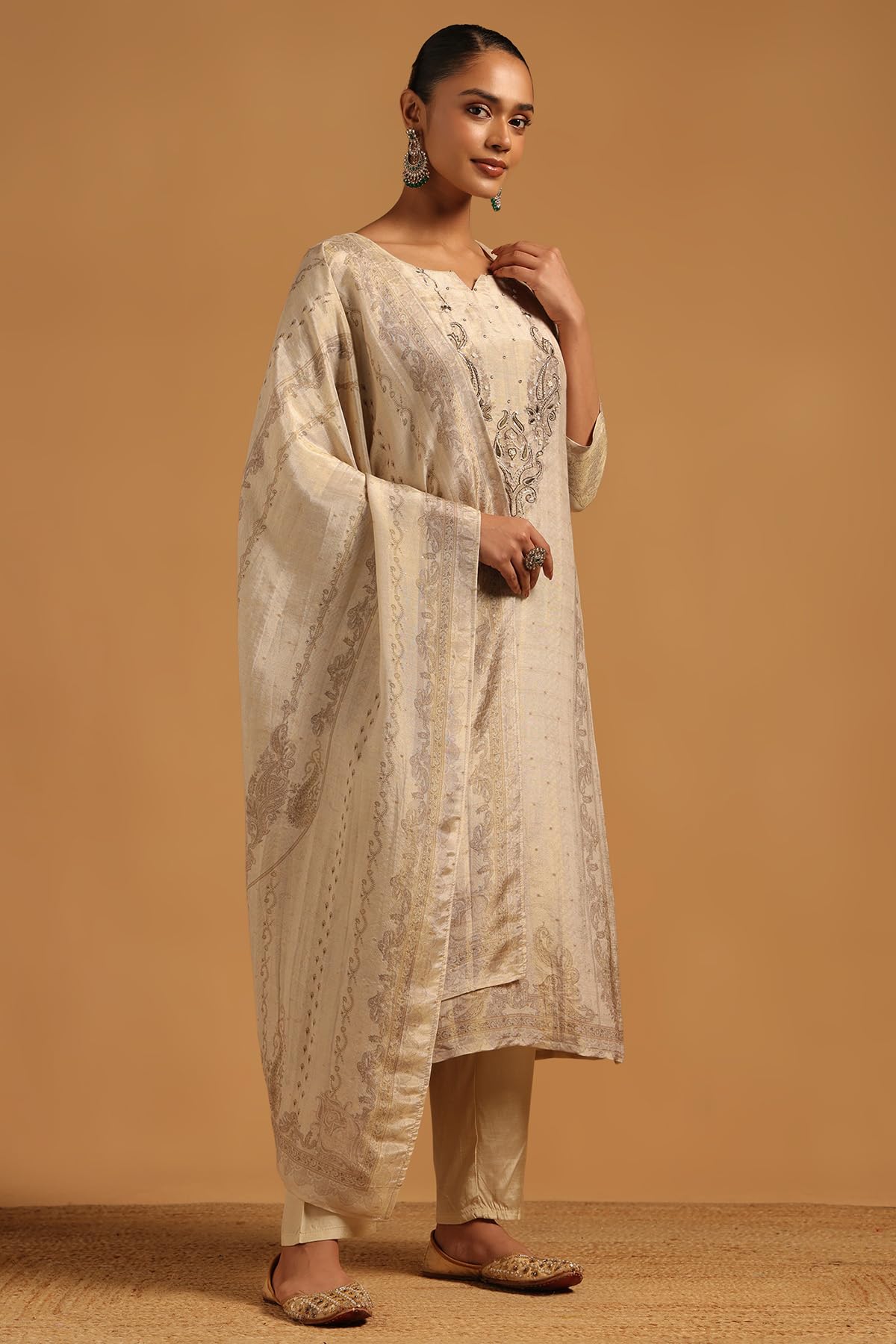 Soch Womens Beige Russian Silk Botanical Salwar Suit With Beads