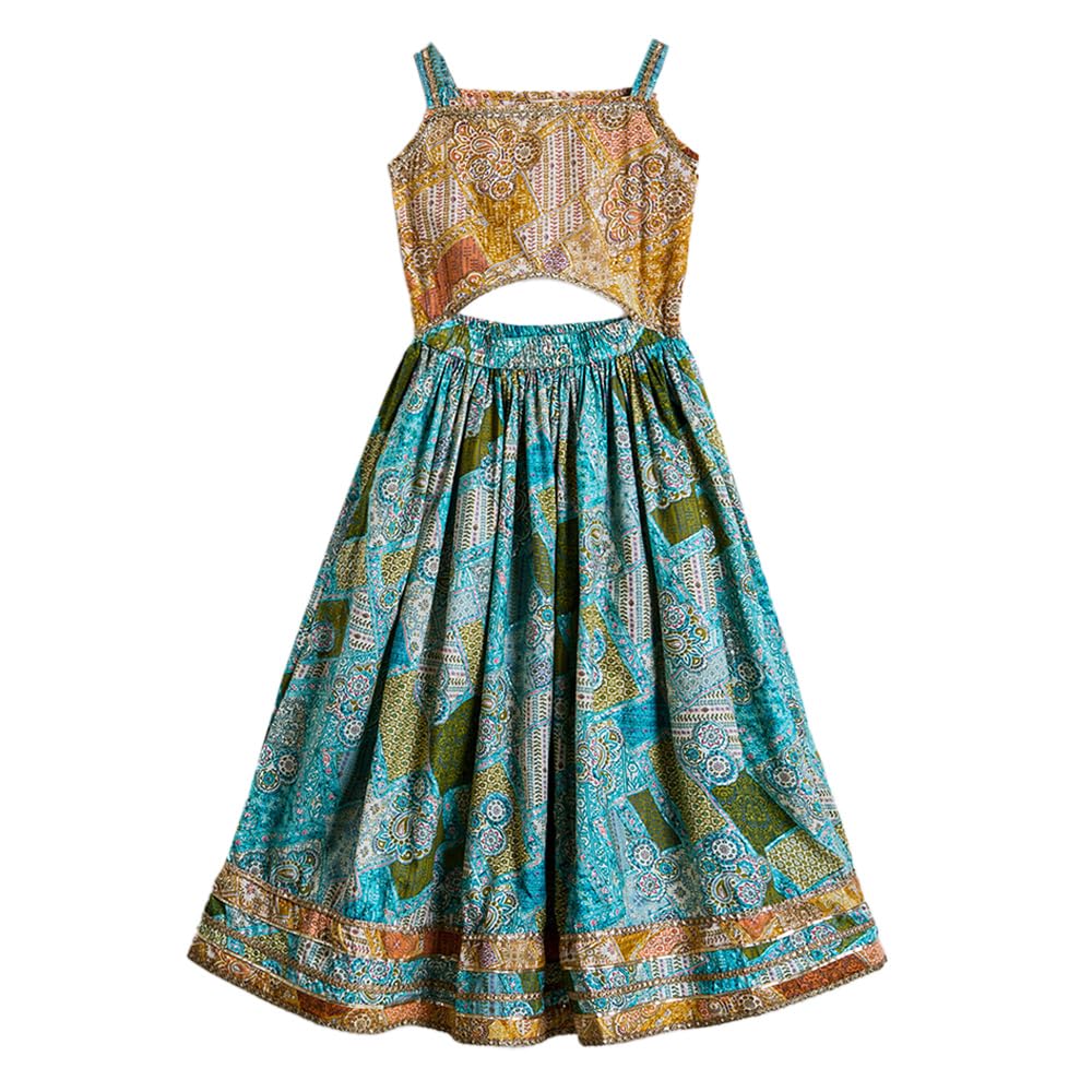 Hopscotch Girls Sleeveless Blue 2-Pc Lace Embellished Cotton Lehenga Choli Set For Ages (6-12 Months)