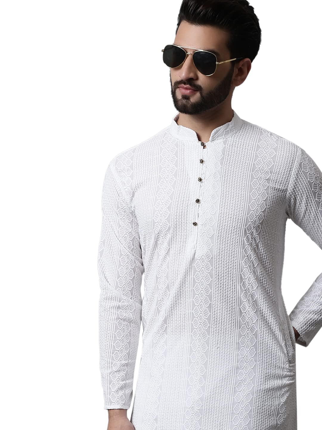 Jompers Men White Embroidered Pure Cotton Kurta with Pyjamas (White, S)