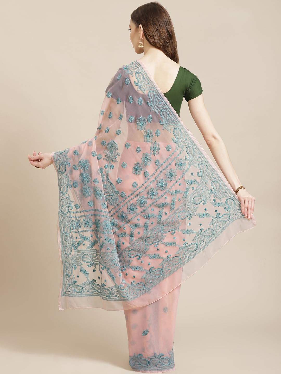 Ada Hand Embroidered Lucknow Chikankari Women's Georgette Saree with Unstitched Blouse Piece A311195 Peach