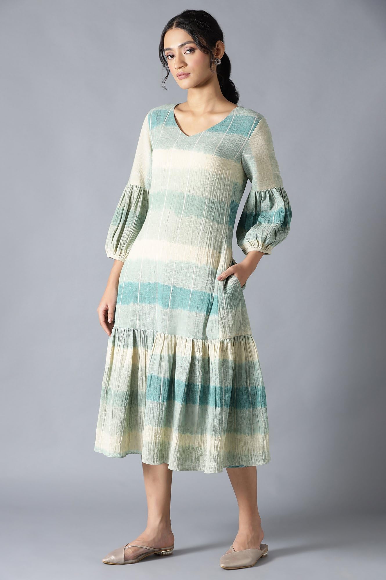 W for Woman Cotton Ecru Ikkat Print Cotton Dress In V-Neck