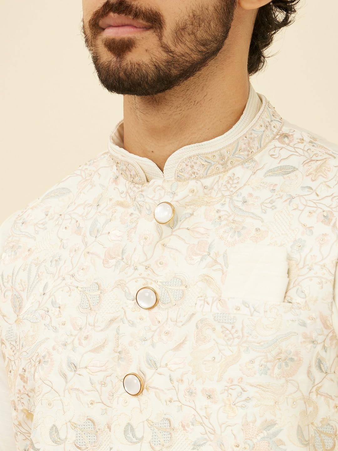 Manyavar Men's Satin Embroidered Kurta Jacket Pyjama Set (3pcs)