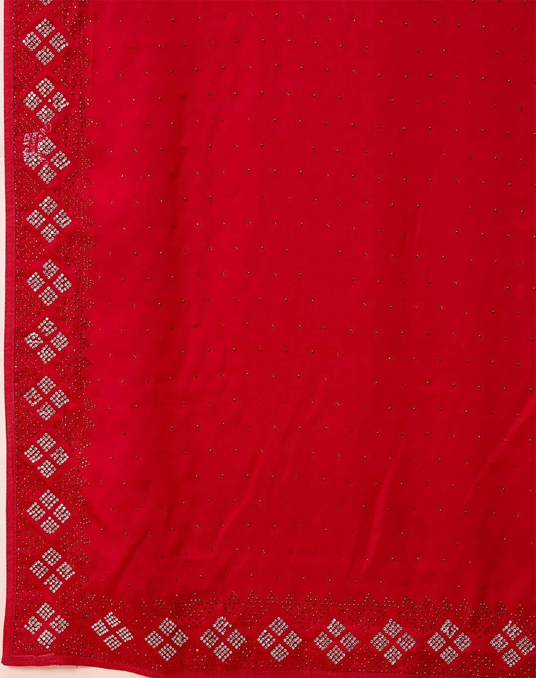 Monjolika Fashion Women's Satin Silk Saree in Red Color with Pearl Swarovski Stone work Comes With Unstitched Blouse Piece