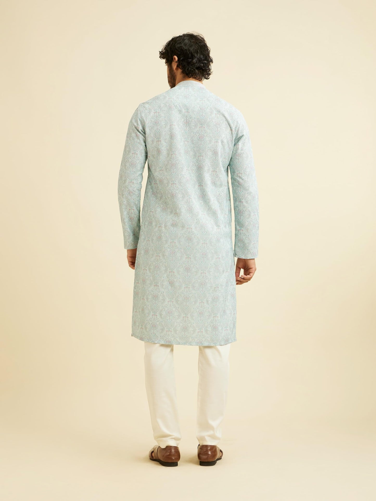 Manyavar Men's Cotton Blend Chikankari Sequined Kurta Pyjama Set (Green,L)