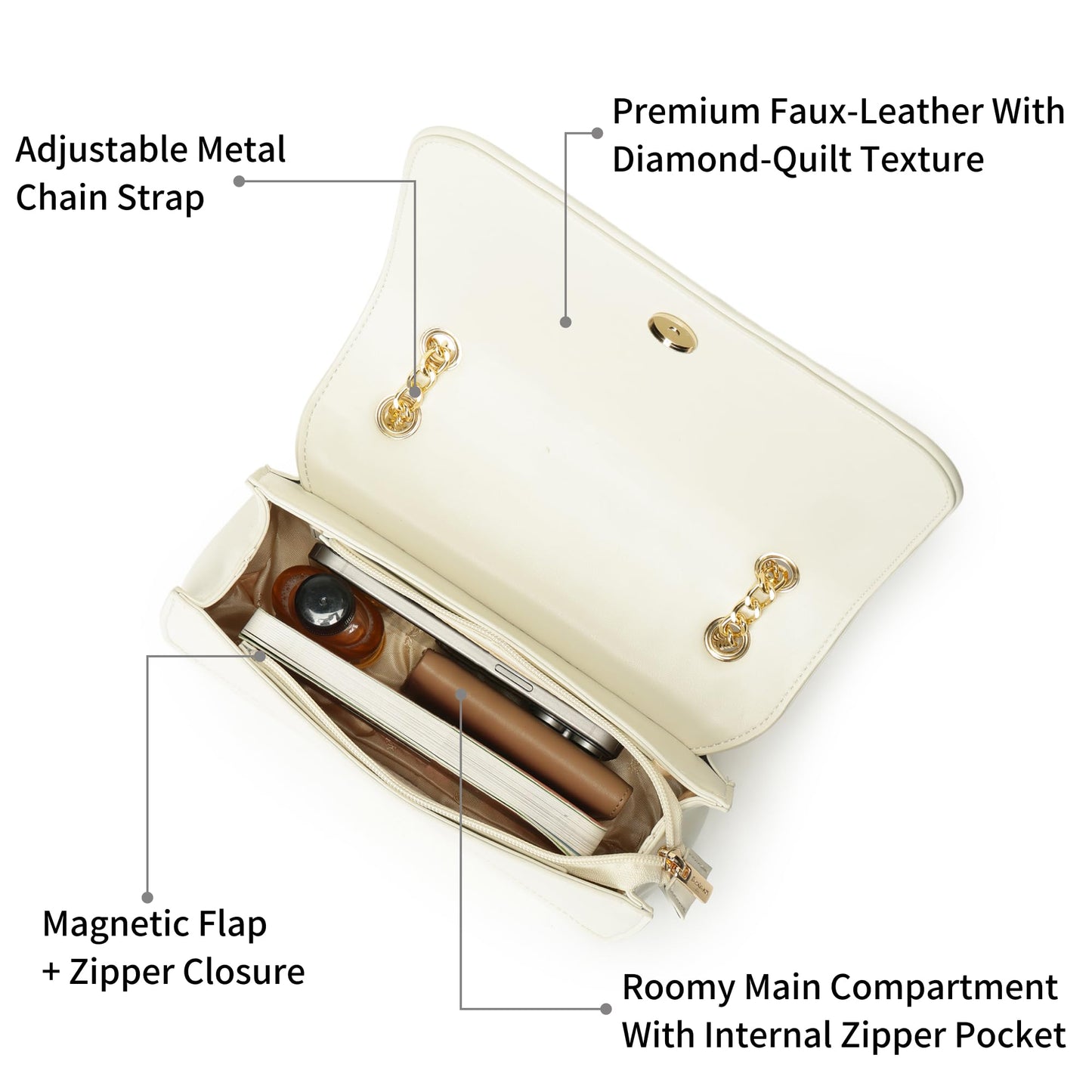 Fastrack QuiltGrid Shoulder Bag | Faux-Leather Women’s Handbag | Diamond Quilted Design | Adjustable Chain Strap | Zipper & Magnetic Closure | Gold-Finish Hardware
