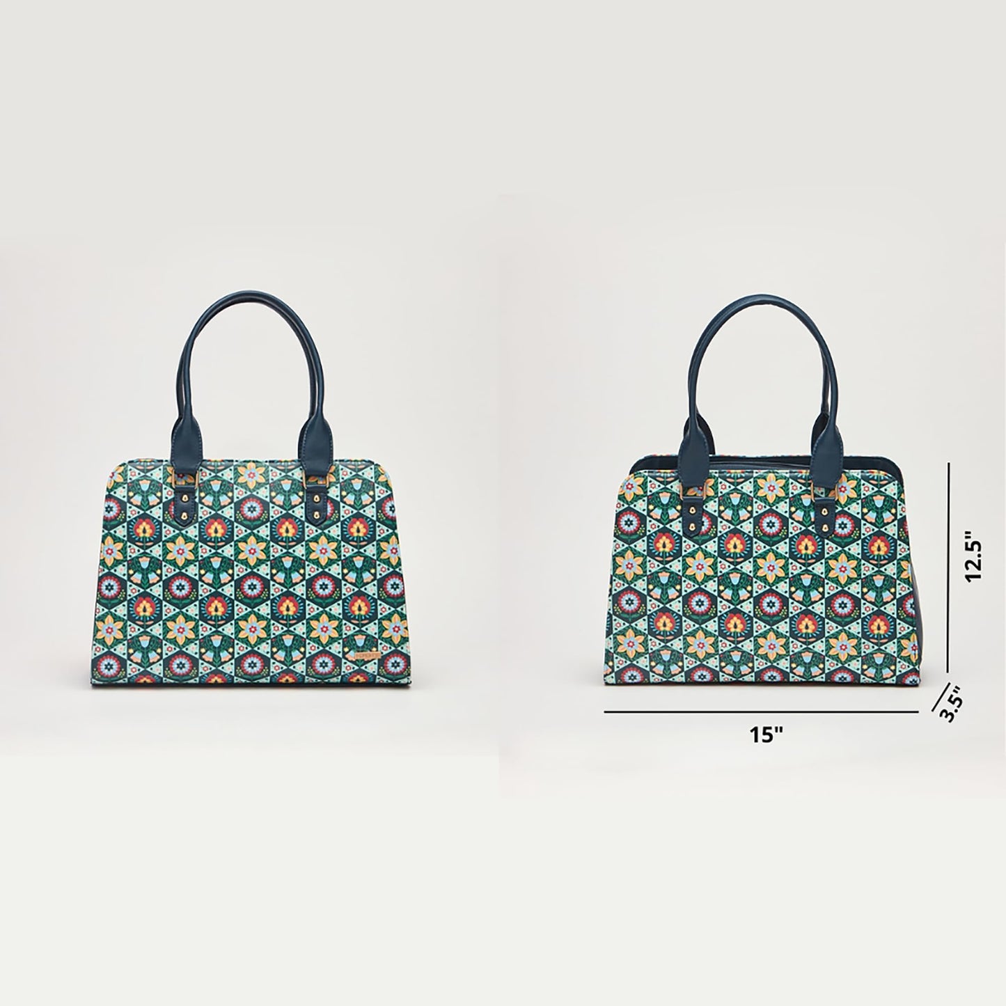 Chumbak Naples Tote Bag for Women, Navy Floral PU Leather, Digital Nomad Collection, Spacious and Stylish Travel Tote, Zipper Closure, Great for Office and Daily Use