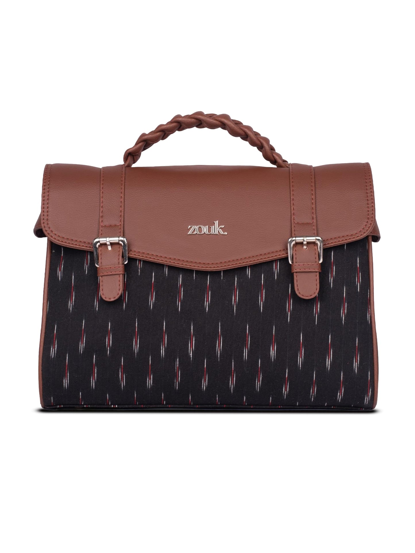 ZOUK Konkona Heritage Satchel Bag - Ikat GreRed | Jute | Vegan Leather Handcrafted With Detachable Sling Strap| Black and Red