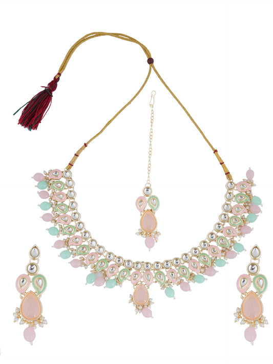 Divisha Fashion Jewelry Set - Indian Earrings, Necklace and Maangtika for Women, Pink Mint