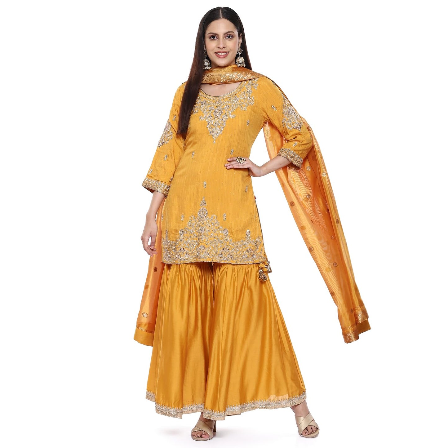 BIBA Viscose Women's Embroidery Straight Salwar Kurta Dupatta(Skdkinari8925_Mustard_32)