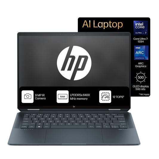 HP Spectre x360, Intel Evo Core Ultra 7 155H, Built-in AI, 14-inch (35.6 cm), 2.8K OLED, 32GB LPDDR5x, 1TB SSD, 120 Hz IMAX, 9MP IR Camera w/Camera Shutter (Win 11, MSO, Blue, 1.34 kg), eu0556TU