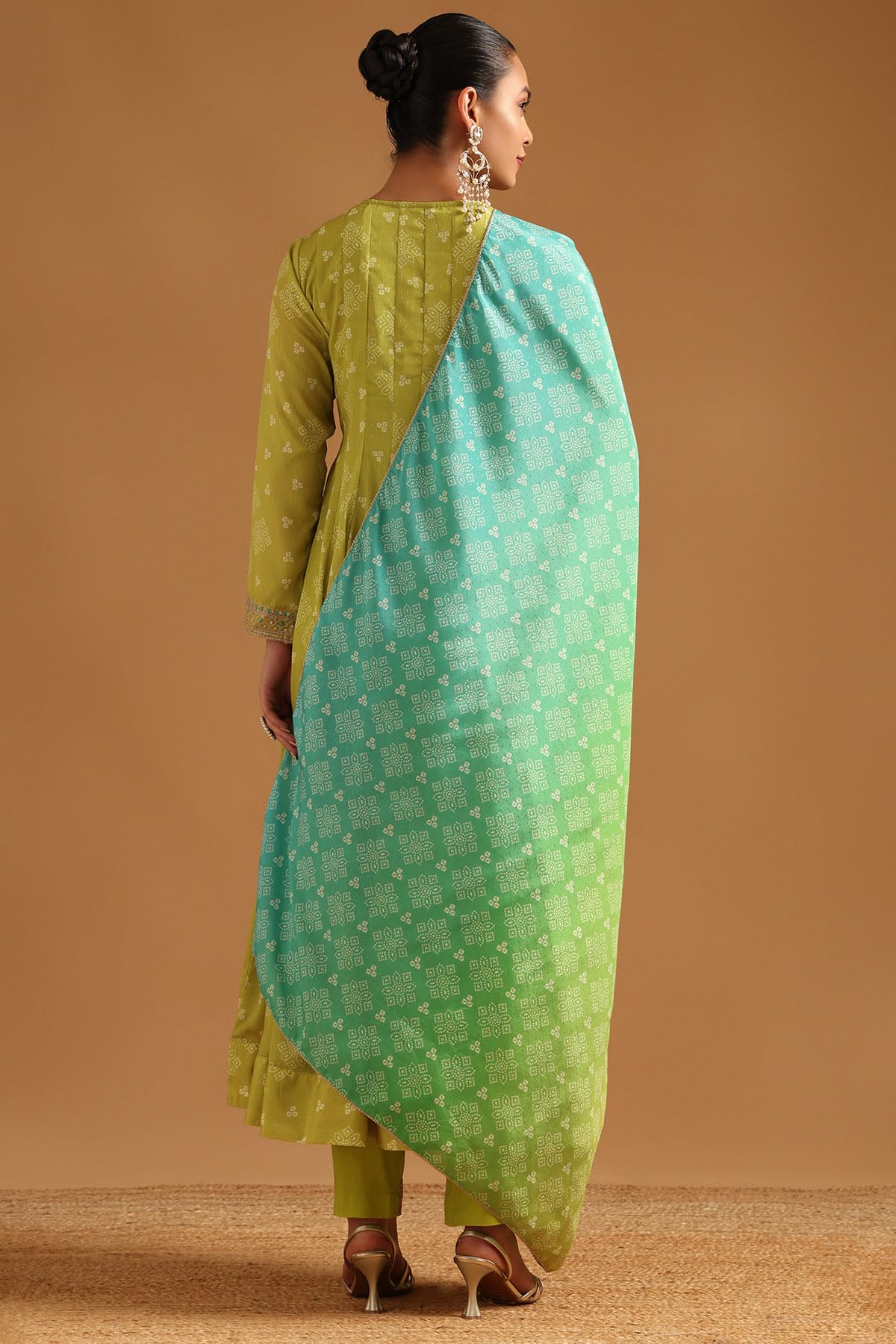 Soch Womens Green Poly Chinon Bandhani Salwar Suit With Sequence Work