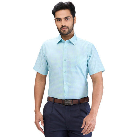 Raymond Men's Contemporary Fit Checks Pattern Pure Cotton Semi Cut Away Collar Half Sleeve Formal Shirt (Size: 42)-RMSY12320-N3 Medium Green