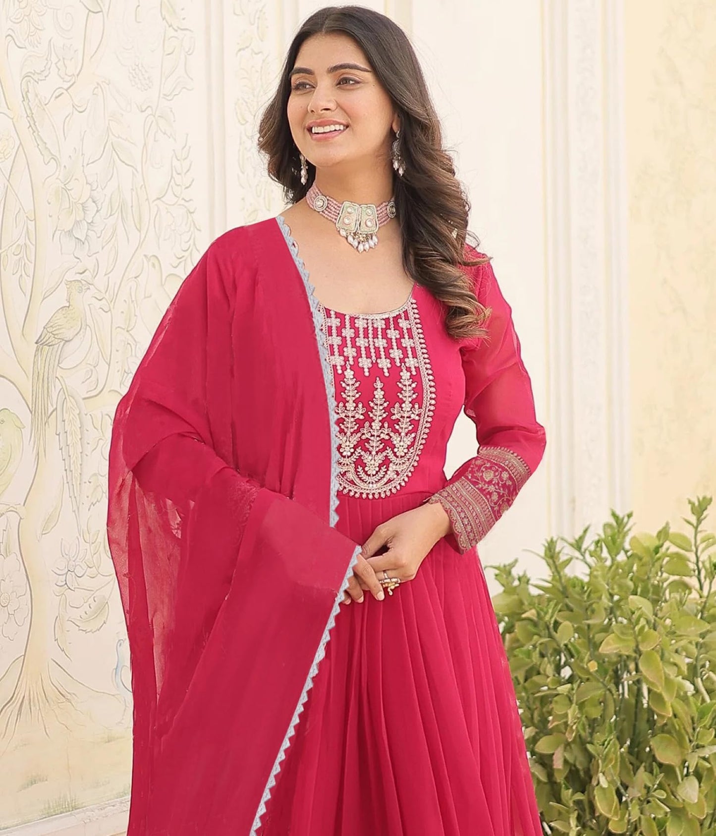 Leeli Peeri Designer Women's Georgette Embroidery Red Ready to Wear Gown with Dupatta
