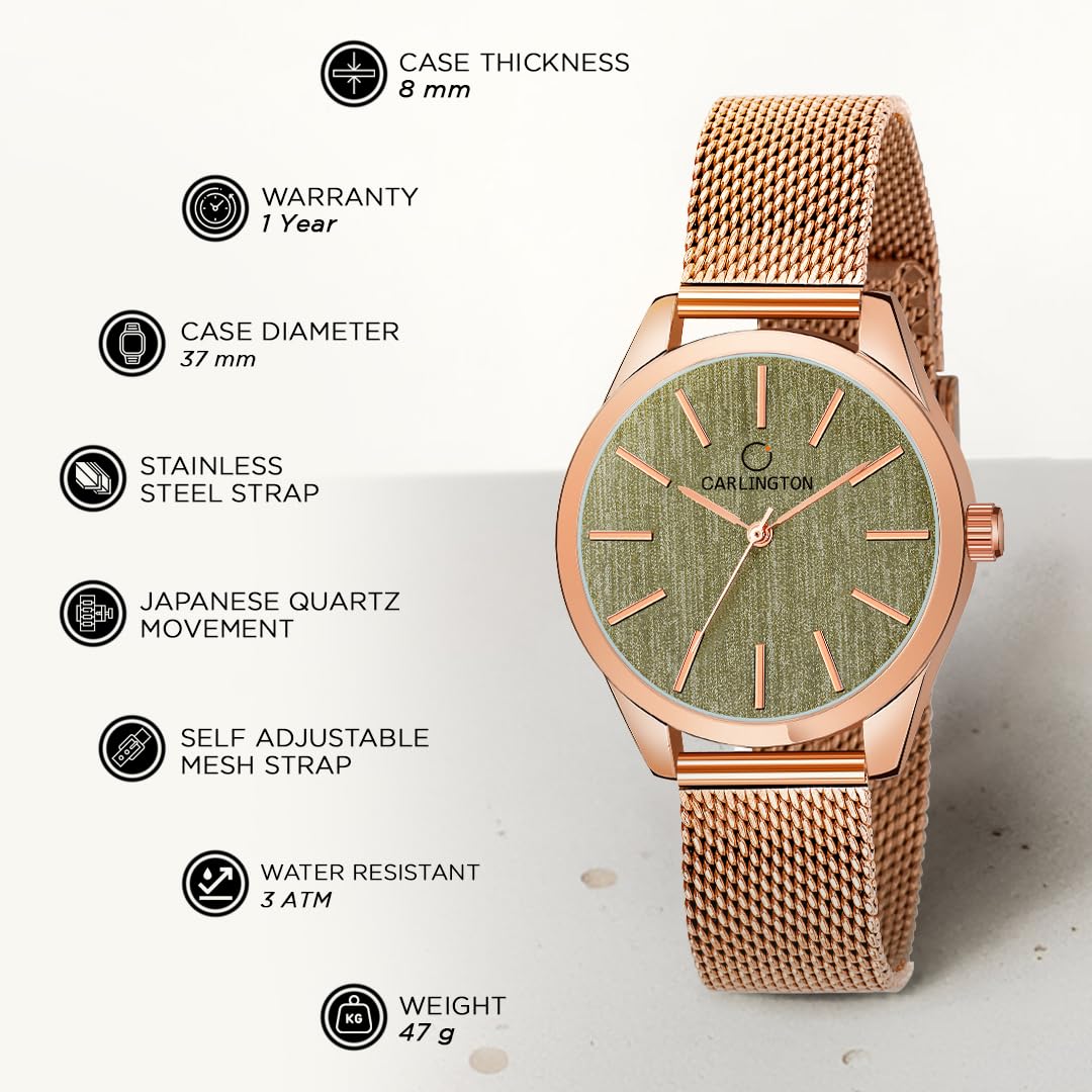 Carlington Stainless Steel Analog Dial Women Watch, Rose Gold Band