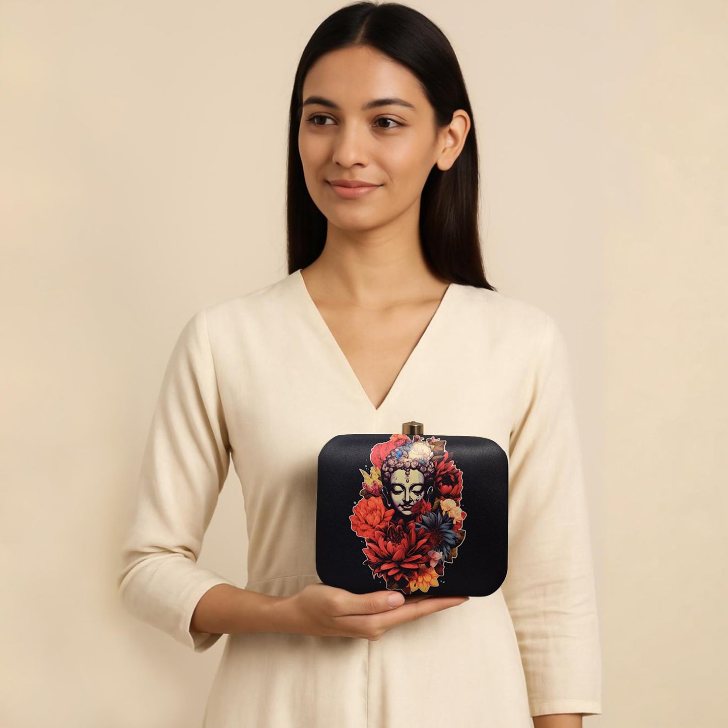Artklim Black Buddha & Flowers Print Clutch Handbag for Women & Girls - Handcrafted Box Statement Sling Bag - Fashionable Evening Purse - Gift for Mother