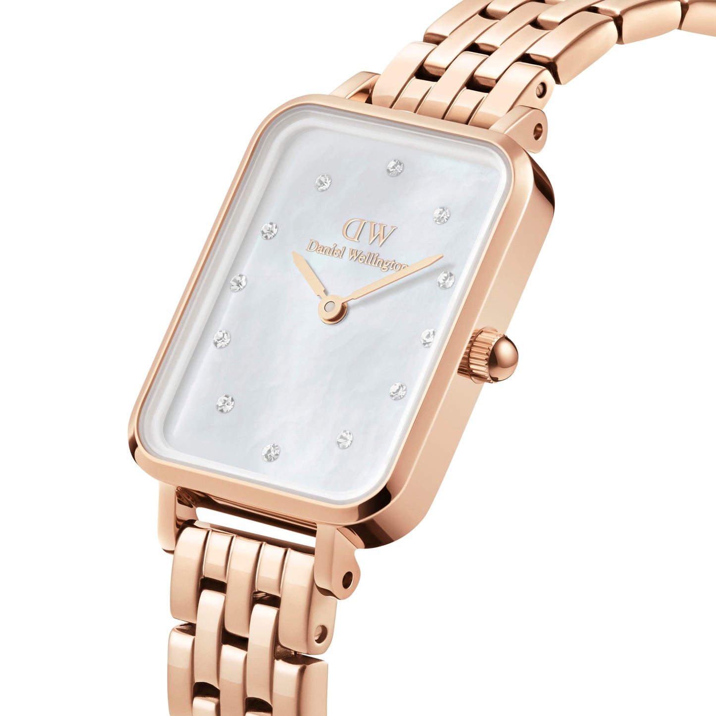 Daniel Wellington Stainless Steel Quadro Lumine 20X26 5-Link White Dial Women Analogue Watch, Rose Gold Band