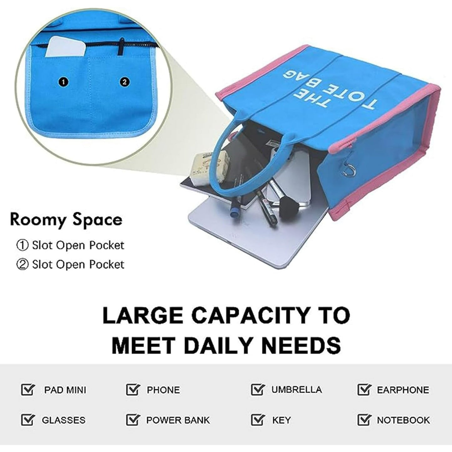 MAIRO LIFESTYLE Women Canvas The Tote Bag with Zipper Small Purse Crossbody Bag Top Handle Traveler Handbag (Blue with Pink edge)