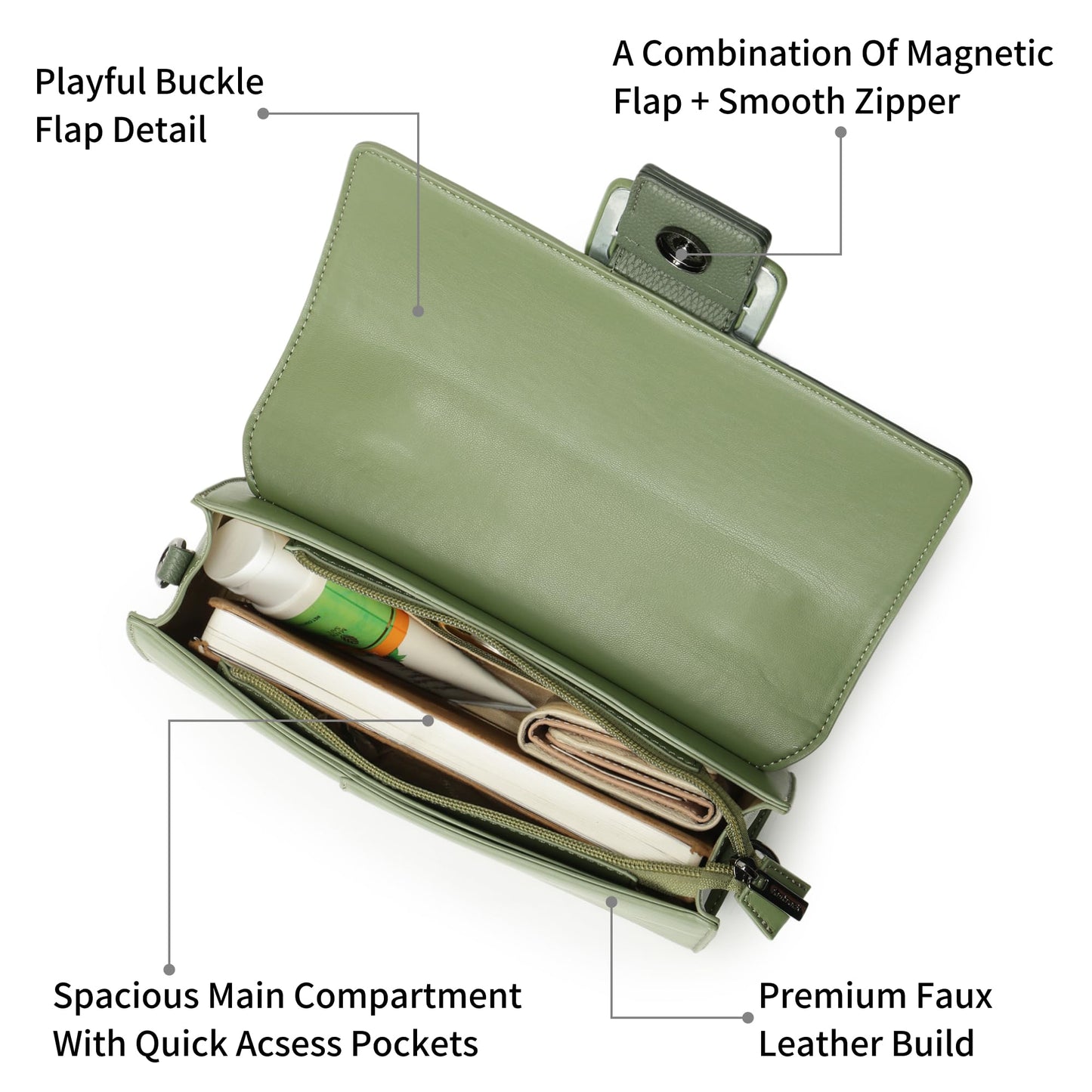 Fastrack Olive play satchel | Faux-Leather Women’s Handbag in olive | Buckle-Flap Design with Dual Carry Options & Spacious Interior