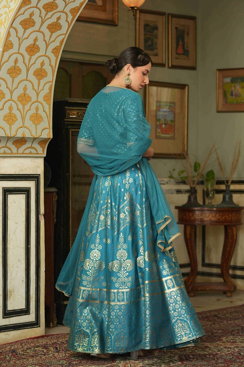 Juniper Women's Teal Santoon Slub Festive Foil Printed Straight Lehnga Choli Set -XXL