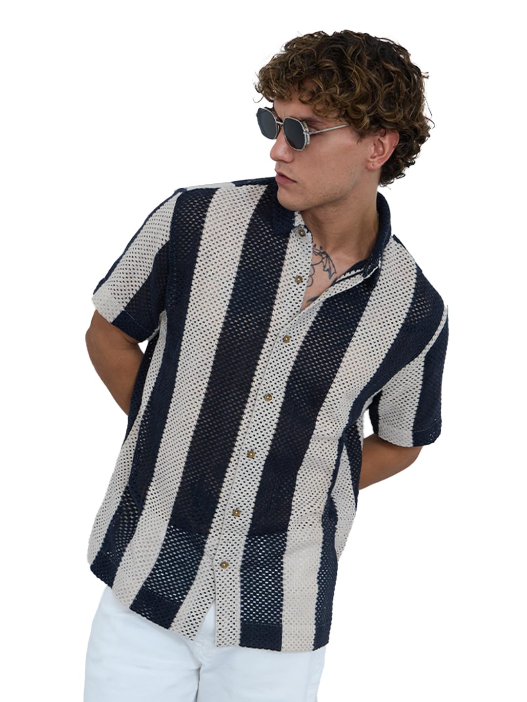 The Souled Store Open-Knit Shirt: Navy Stripes Men and Boys Short Sleeves Collared Neck Button Front Textured Cotton Blend Regular Fit Casual Textured Shirts