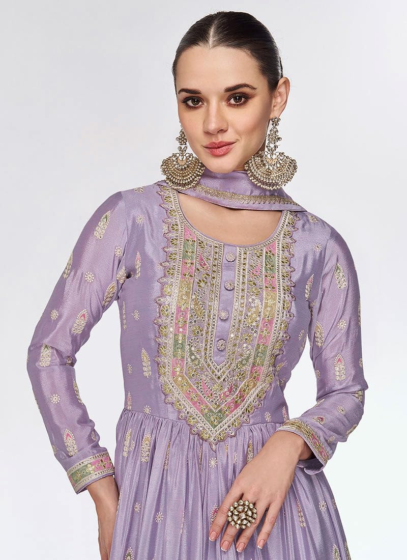 Miss Ethnik Women's Purple Chinon Stitched Top With Dupatta Full Sleeve Embroidered Anarkali Gown (ME-1179-Purple-XXL)