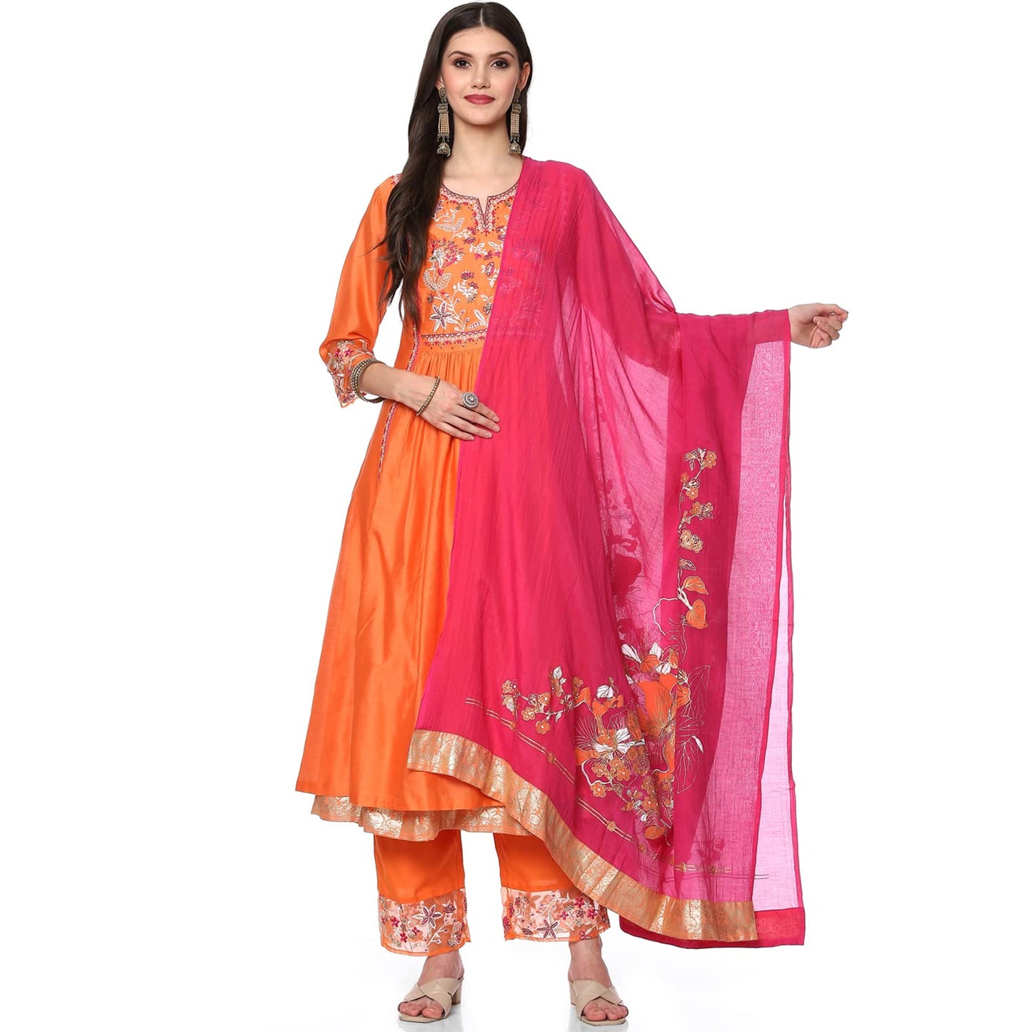 BIBA Silk Blend Women Embroidery Straight Salwar Kurta Dupatta(Skd8105_Orange/Pink_34)