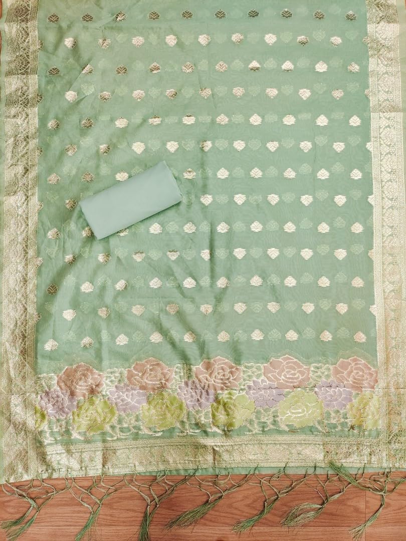 SHANTVAN GALLERY Banarasi Organza Cut Paste Suit Set with Silk Jacquard Dupatta, Heavy American Crape Bottom, 2.5 Meter, (Green)