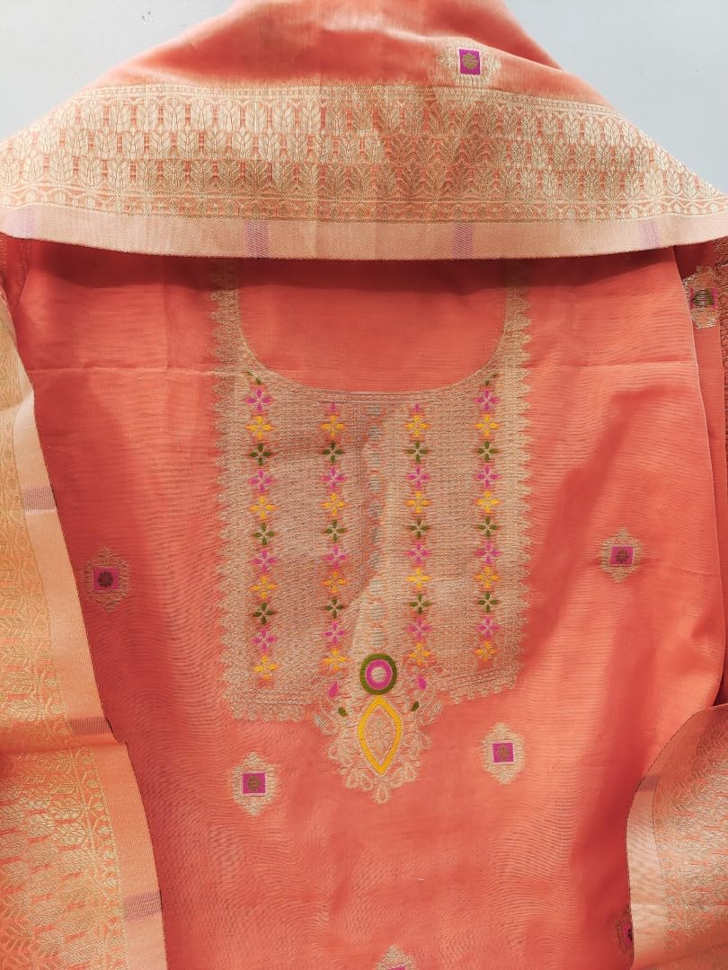 SHANTVAN GALLERY Chanderi Suit Pure Chanderi Banarasi Silk (3m)|Soft Cotton Bottom (2.5m)|Chanderi Banarasi Silk Dupatta (2.3m) with Tassels, Unstitched Material,Fits up to 60”,Length48(Peach)